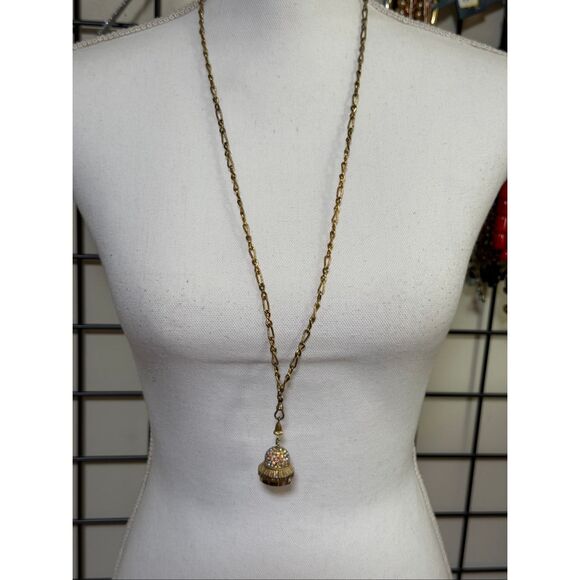 Vintage Geneva Rhinestone Ball Pendant Watch Necklace Gold Tone AB Crystal Dome - Picture 12 of 12